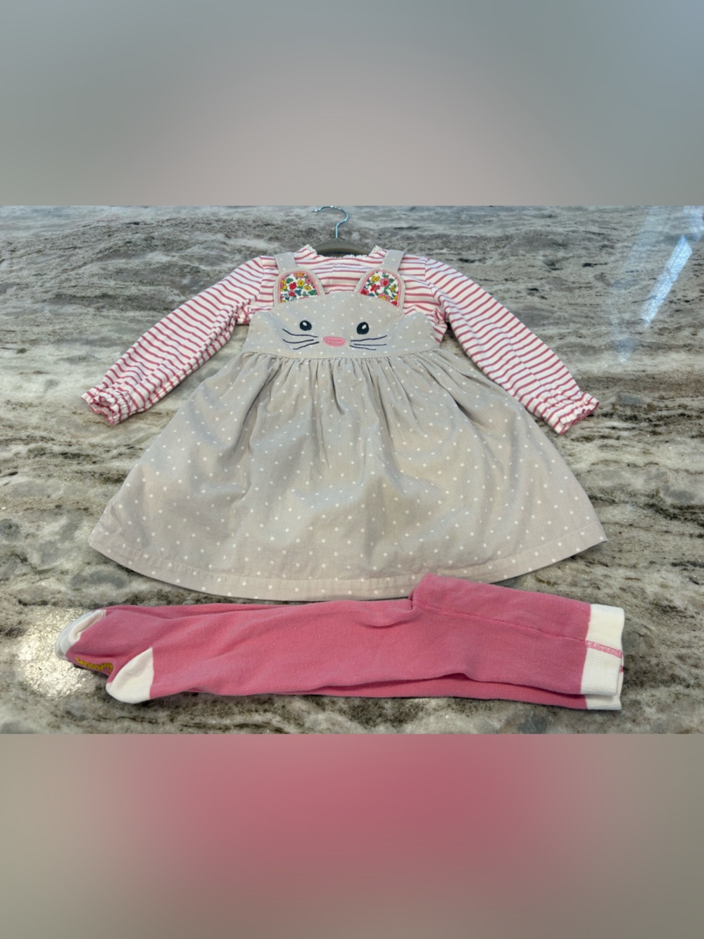 Mini Boden Pink Stripe Top with Polka Dot Bunny Mouse Pinafore Dress with Tights